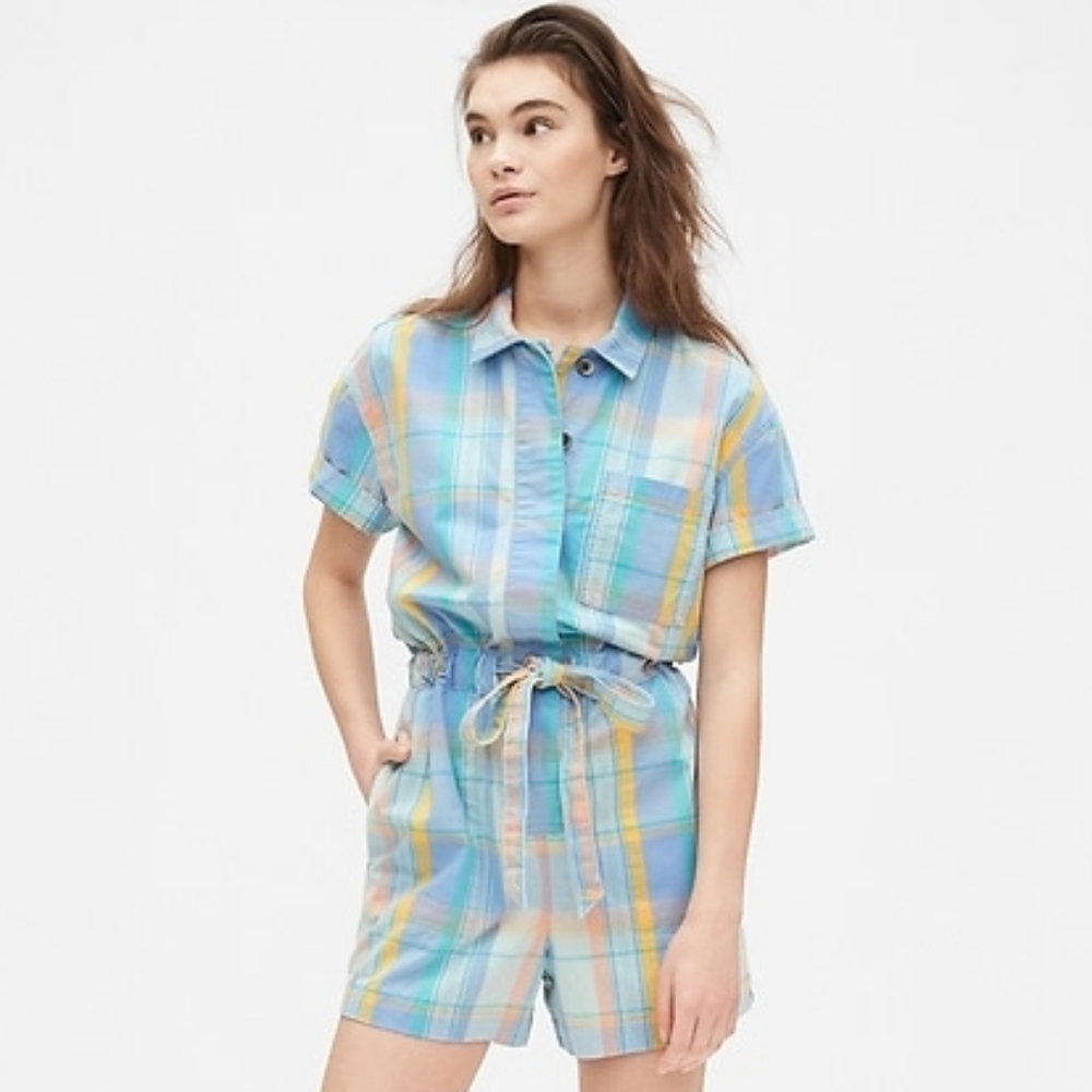 GAP  | Multicolor Plaid Stripes Cotton Button Front Romper Short Jumpsuit | 14‎